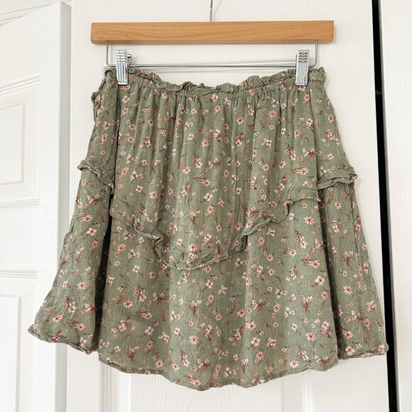 Sadie & Sage Green Floral Ruffle Elastic Waist Mini Skirt Women’s Sz Medium EUC - Picture 3 of 7
